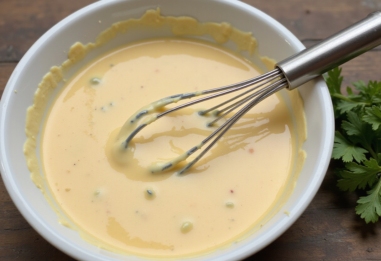 Sauce Yum Yum crémeuse en préparation pour les bols de poulet au miel, améliorant la saveur du plat.