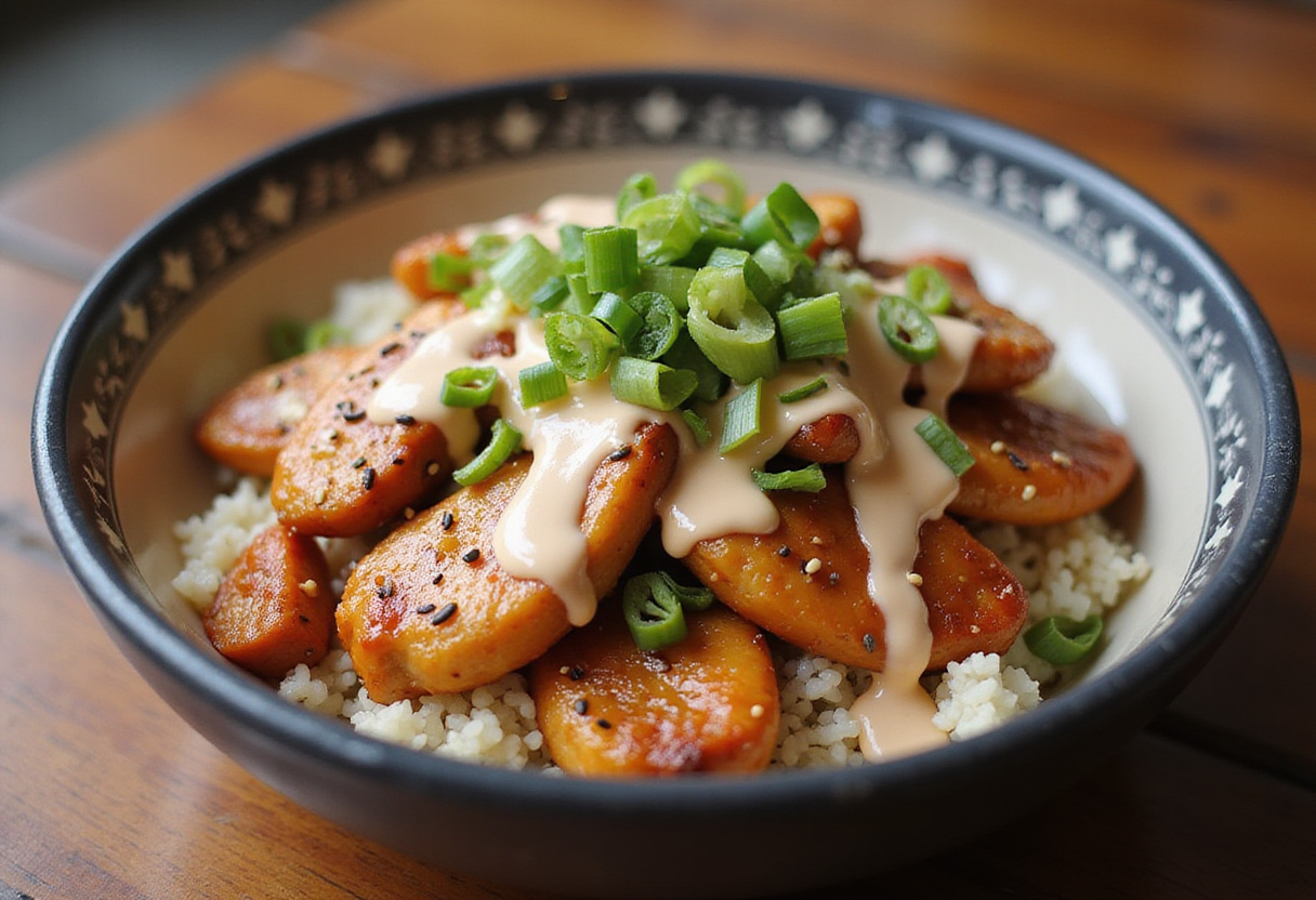 Bol de poulet au miel et gingembre avec du riz et de la sauce Yum Yum, prêt à servir pour un délicieux repas.