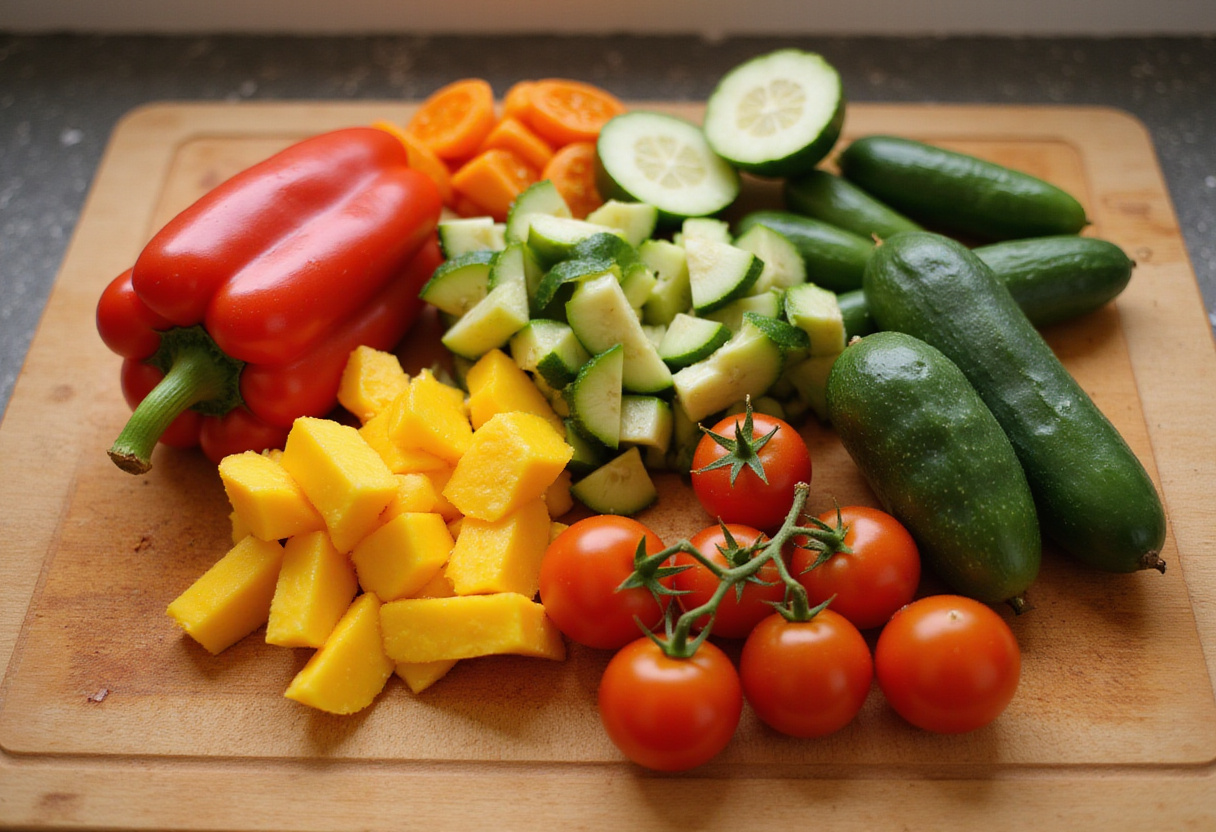 Fresh vegetables prepared for bols de poulet grec, a healthy Mediterranean dish.