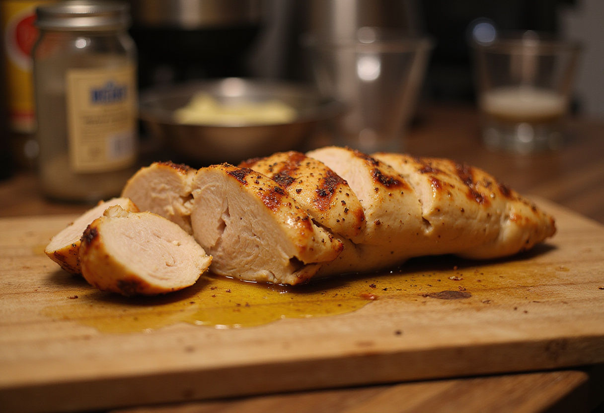 Grilled chicken slices being prepared for a healthy Greek chicken bowl recipe.