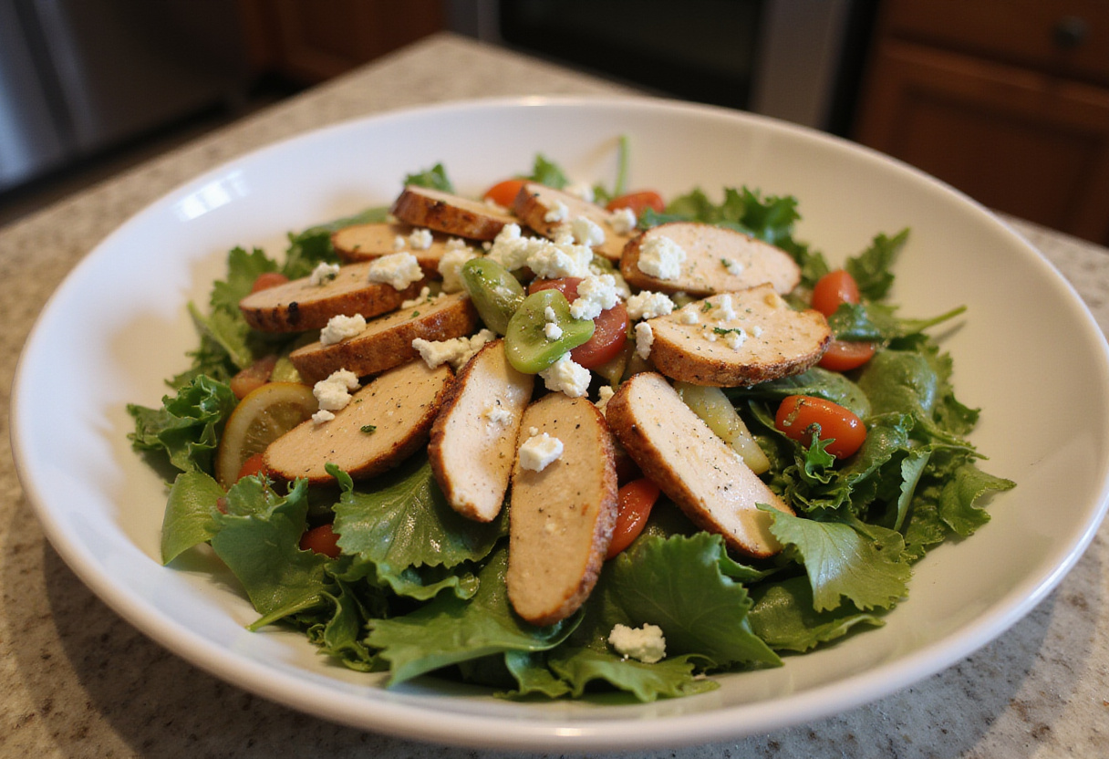 Healthy Greek chicken bowl assembled with greens, grilled chicken, and vegetables.