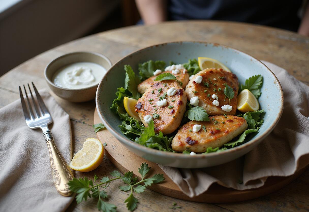 Tzatziki sauce and lemon wedges to complement the bols de poulet grec dish.