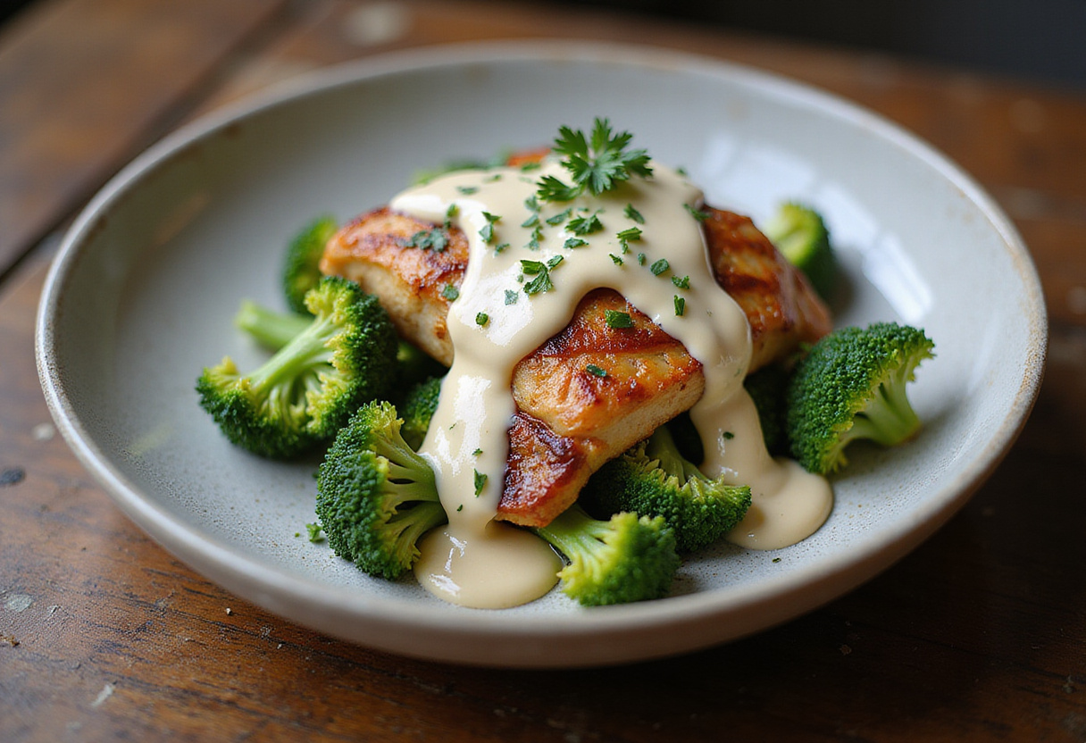 Delicious bols de poulet grillé with creamy garlic sauce and broccoli, perfect for a hearty meal.