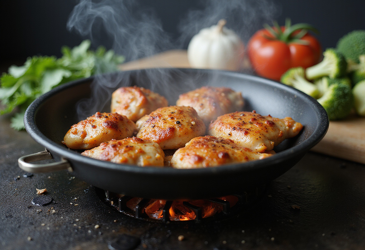 Preparation of bols de poulet grillé with marinated chicken on the grill and fresh broccoli.