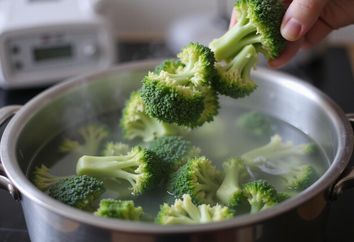 Broccoli being cooked for bols de poulet grillé, showing vibrant green florets in boiling water.