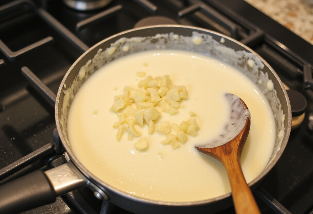 Creamy garlic sauce being prepared for bols de poulet grillé, with garlic and cream in a saucepan.