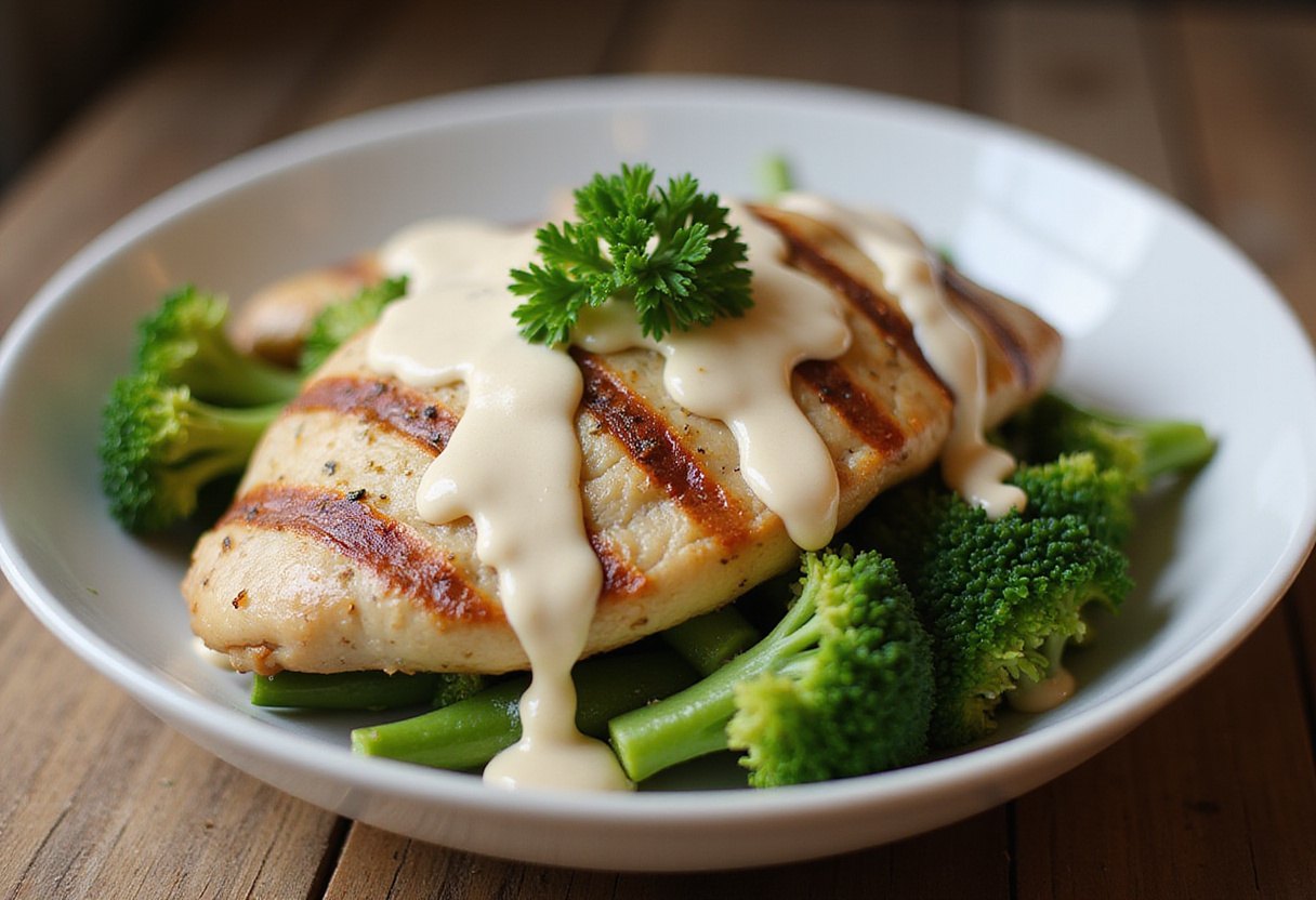 Assembling bols de poulet grillé with grilled chicken, broccoli, and creamy garlic sauce before serving.