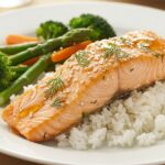 Finished bols de saumon au miel et sriracha served with rice and vegetables, an attractive salmon dish.