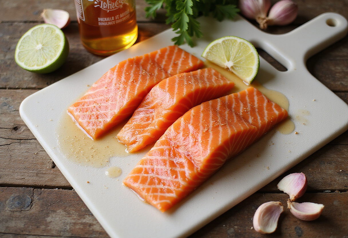 Ingredients for bols de saumon au miel et sriracha, including fresh salmon, honey, and sriracha on a cutting board.