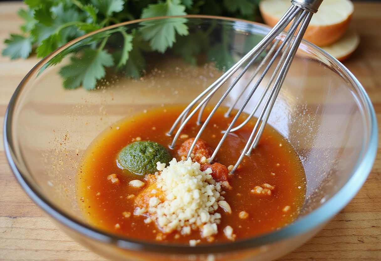 Whisking honey and sriracha sauce for salmon marinade in bols de saumon au miel et sriracha recipe.