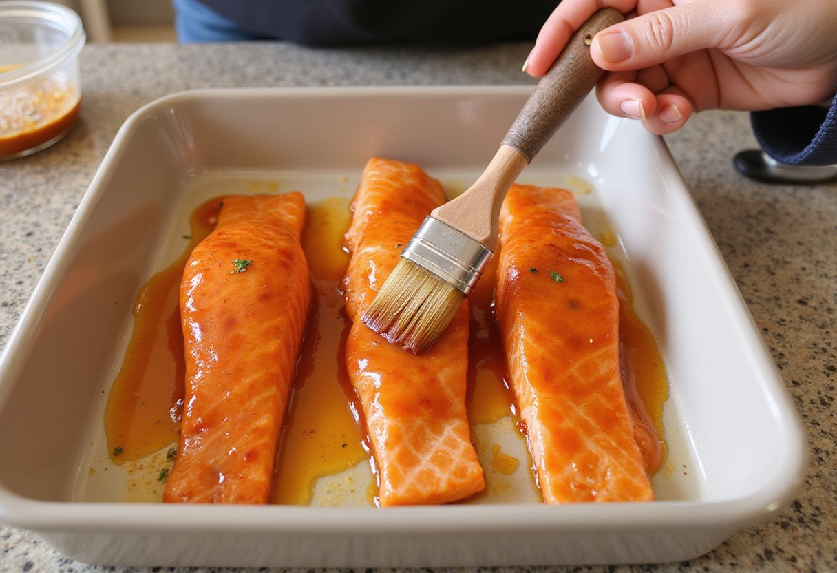 Glazing salmon with honey-sriracha sauce for the bols de saumon au miel et sriracha dish.