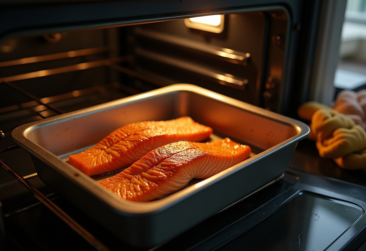 Placing glazed salmon in the oven for cooking in the recipe of bols de saumon au miel et sriracha.