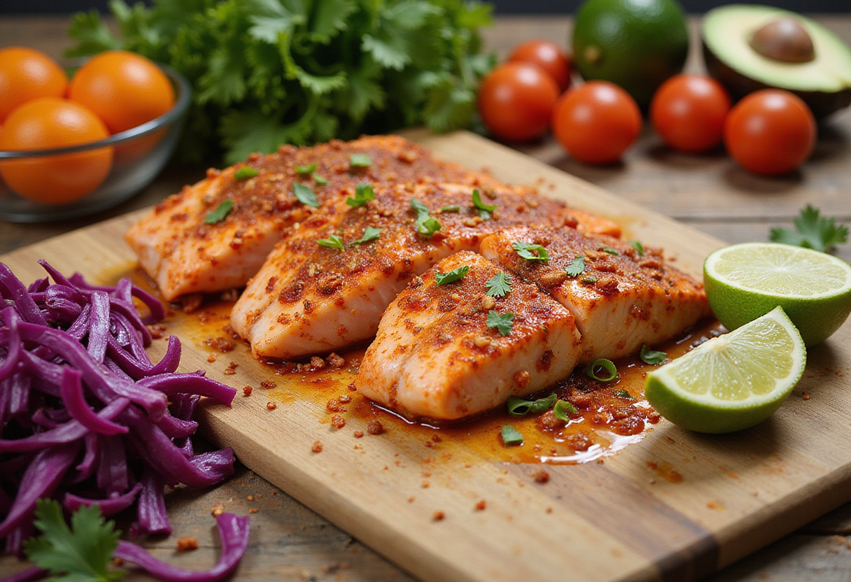 Bols de tacos au poisson avec des filets de poisson frais marinés aux épices et légumes vibrant.