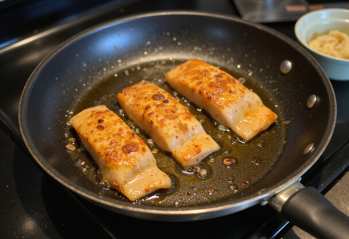 Poisson épicé en train de cuire dans une poêle pour une recette de tacos au poisson audacieux.