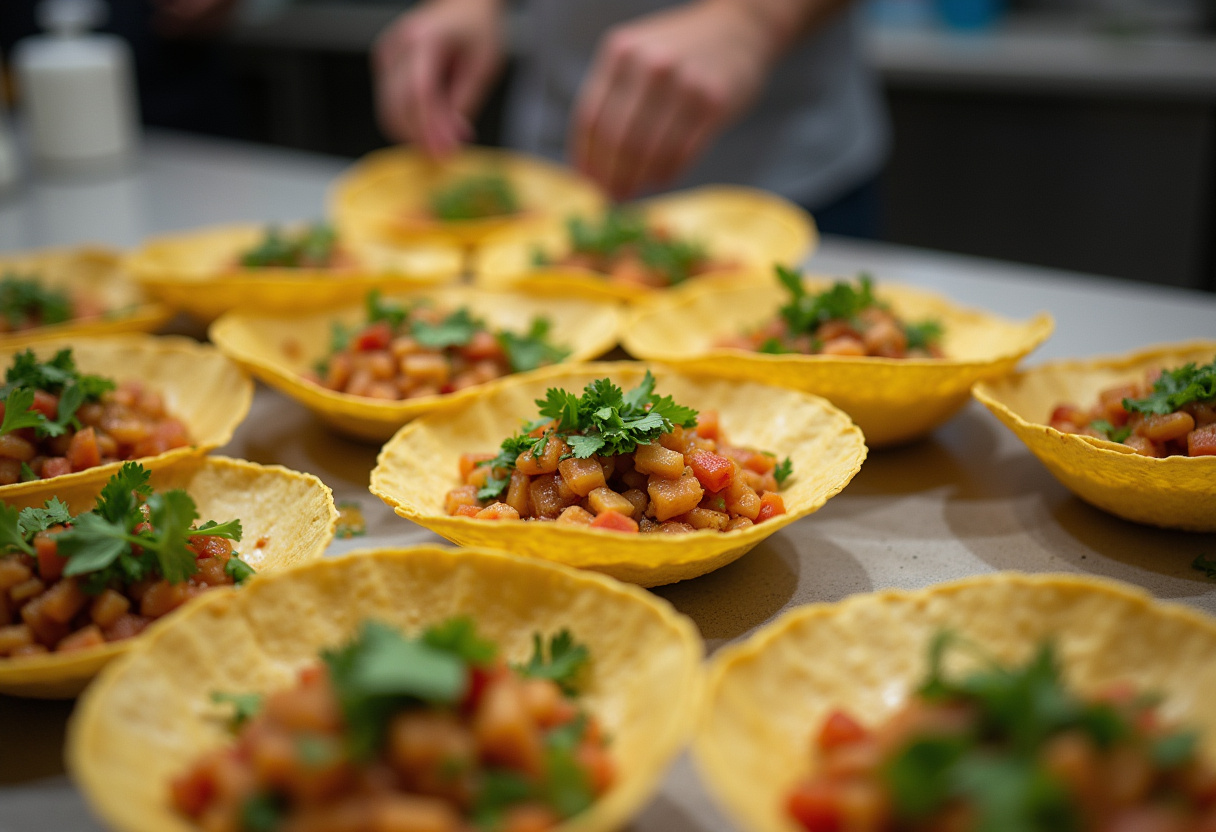 Préparation de bols de tacos au poisson épicé avec du poisson sauté et des ingrédients frais.