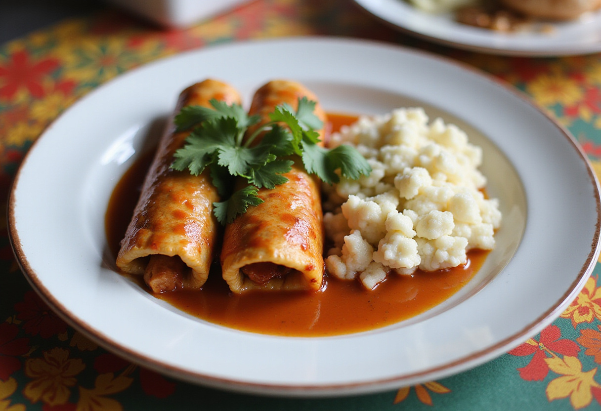 Finished enchiladas de poulet served with cauliflower rice, perfect for a healthy meal.