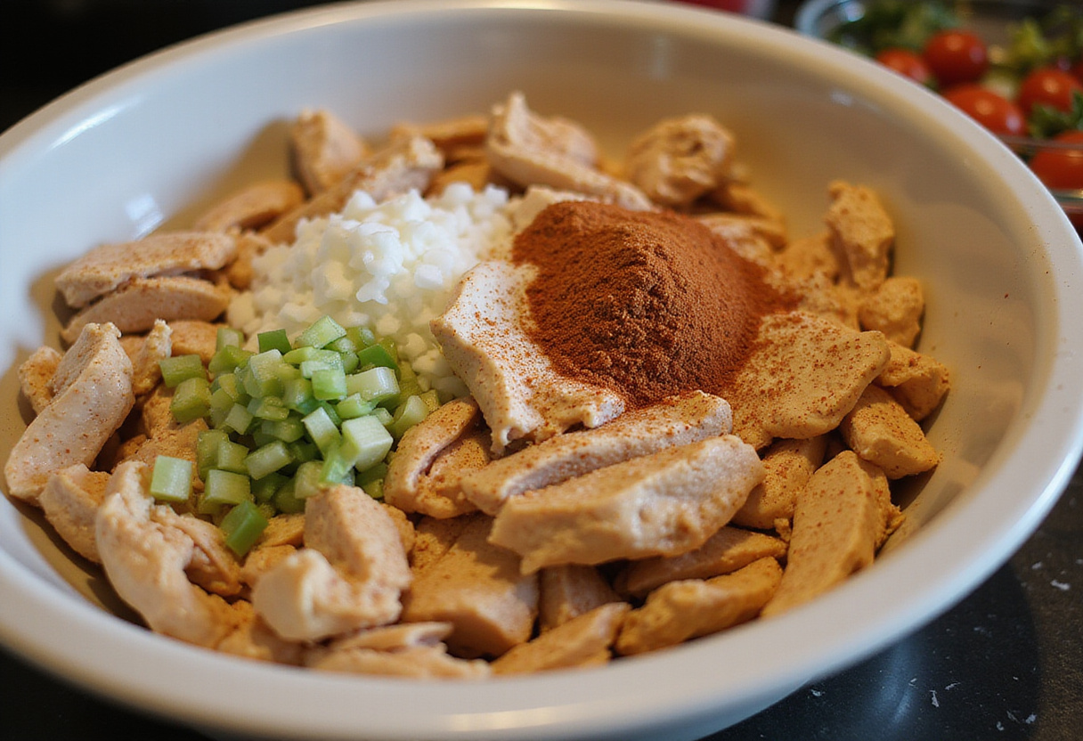 Shredded chicken with onions and taco seasoning for enchiladas de poulet preparation.