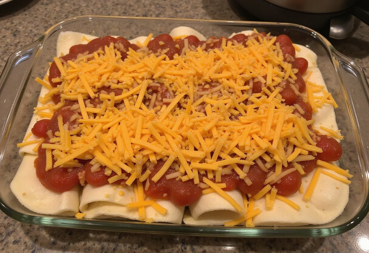 Baking dish with enchiladas de poulet covered in salsa and cheese before baking.
