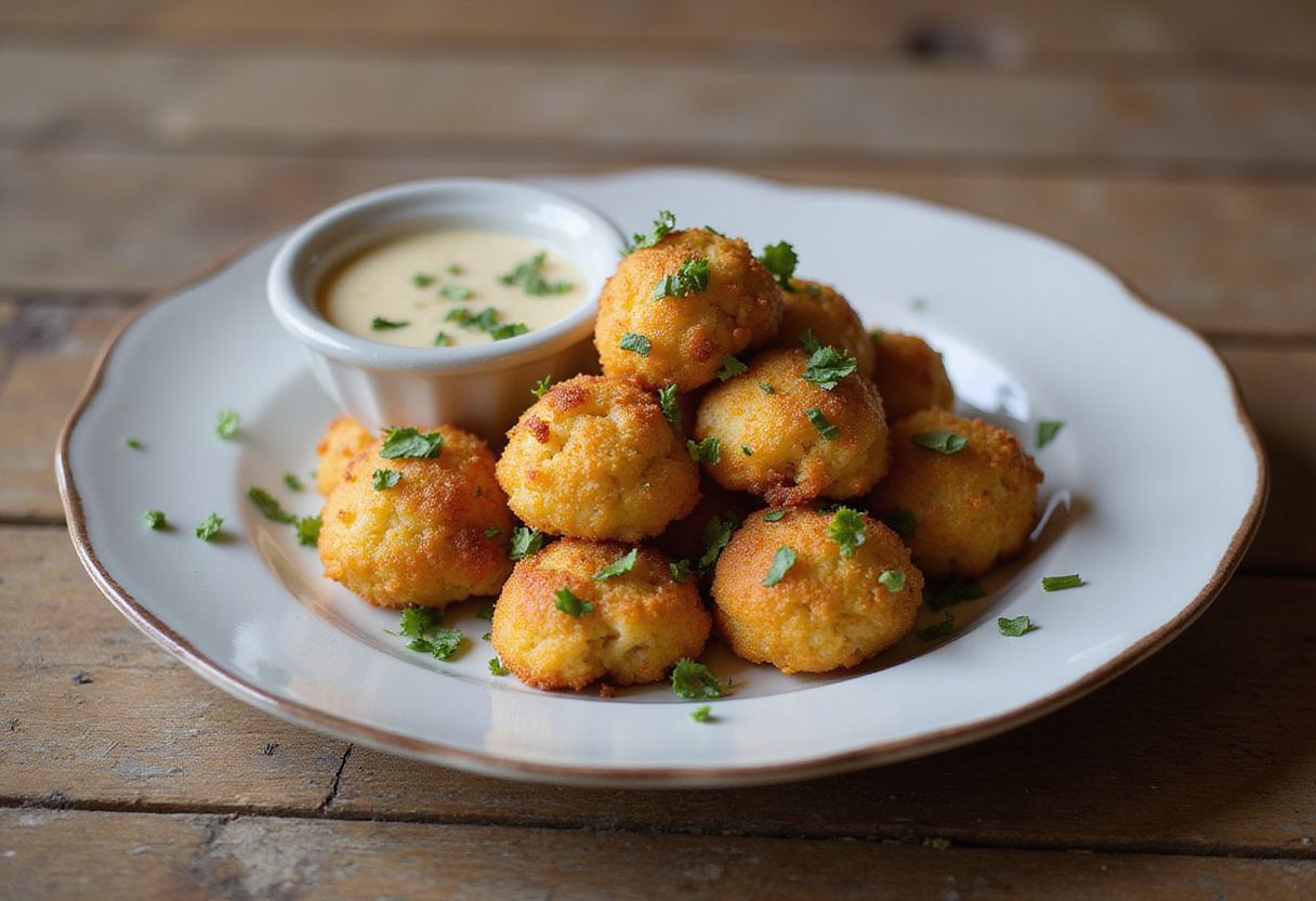 Bouchées de chou-fleur croustillantes accompagnées de sauce à l'ail, idéales pour les amuse-bouches.