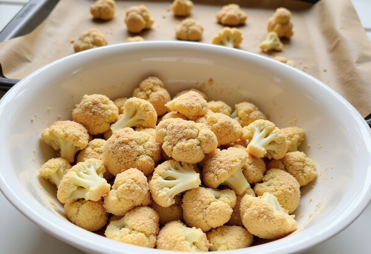 Cauliflower florets coated in breadcrumbs for la recette de bouchées de chou-fleur croustillantes.
