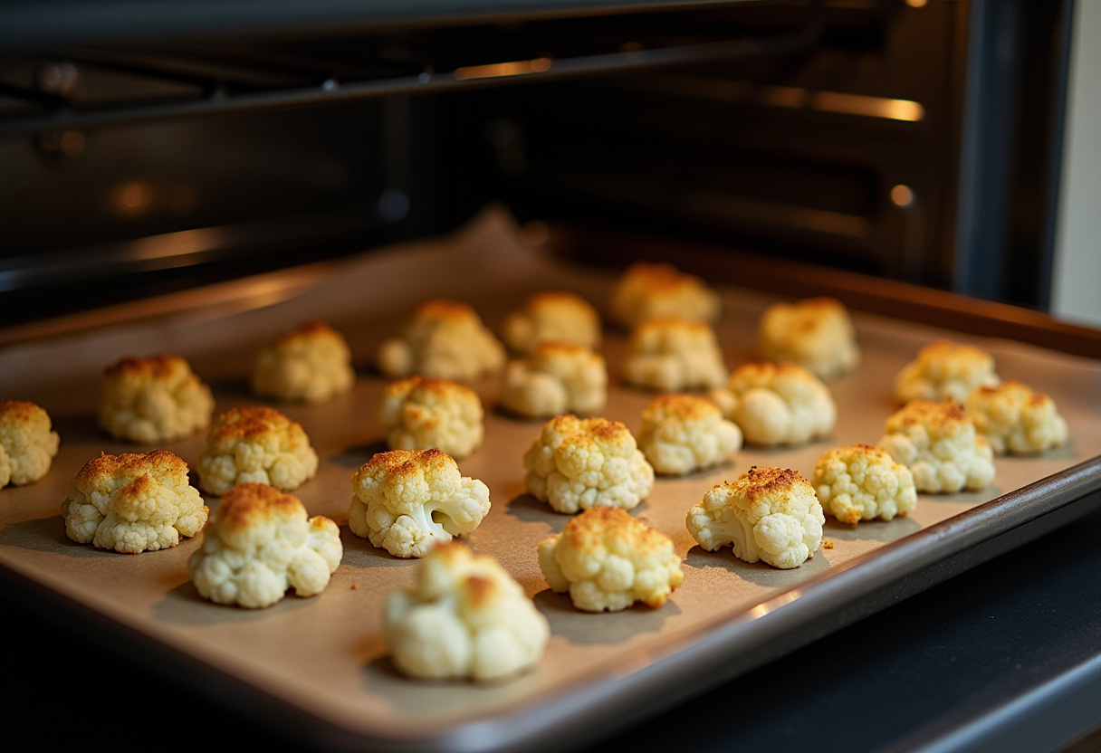 Bouchées de chou-fleur croustillantes prêtes à être cuites au four.