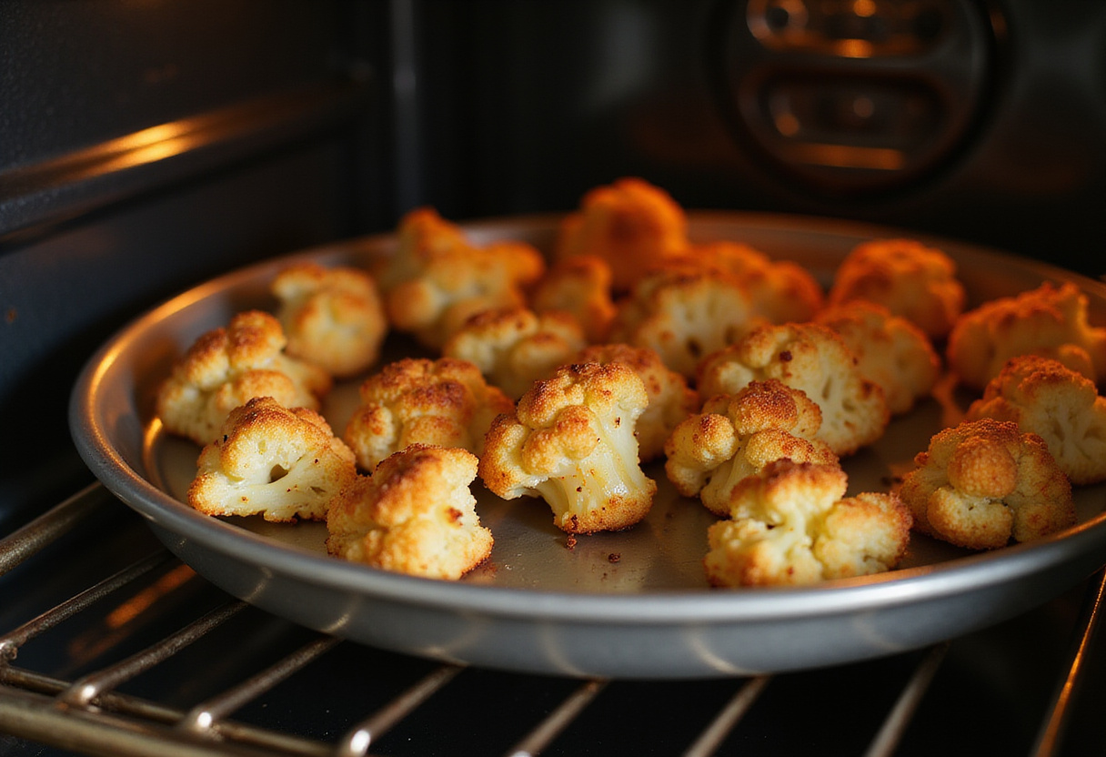 Bouchées de chou-fleur croustillantes pendant la cuisson dans le four.