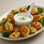 Bouchées de poulet à la friteuse à air parfaitement dorées avec une sauce à tremper.
