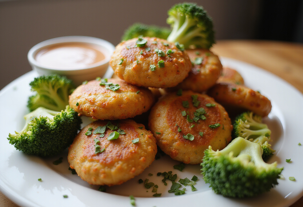 Bouchées de poulet à la friteuse à air parfaitement dorées avec une sauce à tremper.