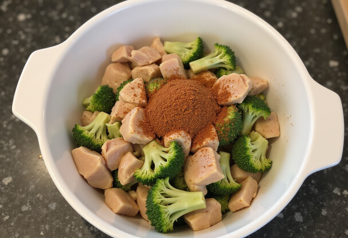 Bouchées de poulet et brocoli préparées dans un bol pour la recette de poulet à la friteuse à air.