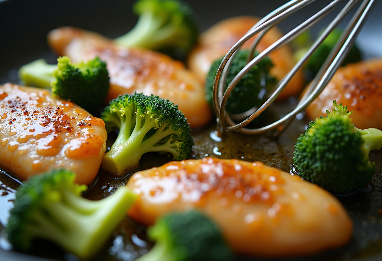 Chicken and broccoli being coated with olive oil and spices for la friteuse à air.