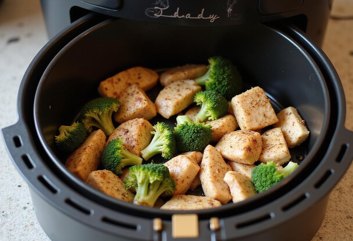 Bouchées de poulet et brocoli disposées dans le panier de la friteuse à air.