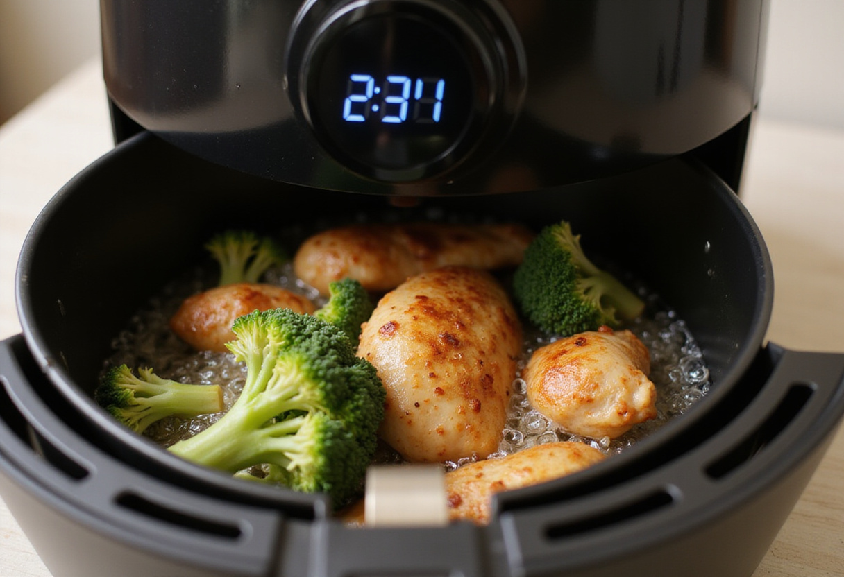 Frire à l'air les bouchées de poulet et brocoli dans la friteuse à air.