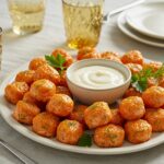 Plateau de bouchées de saumon Bang Bang croustillantes, parfaites pour un apéritif dans une cuisine asiatique.