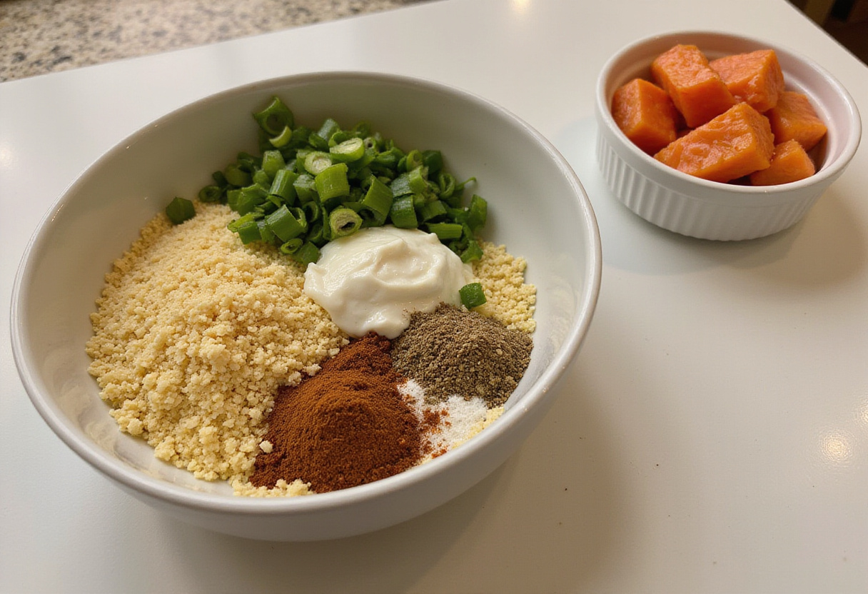 Ingrédients pour bouchées de saumon Bang Bang, comprenant des cubes de saumon et de la chapelure panko.