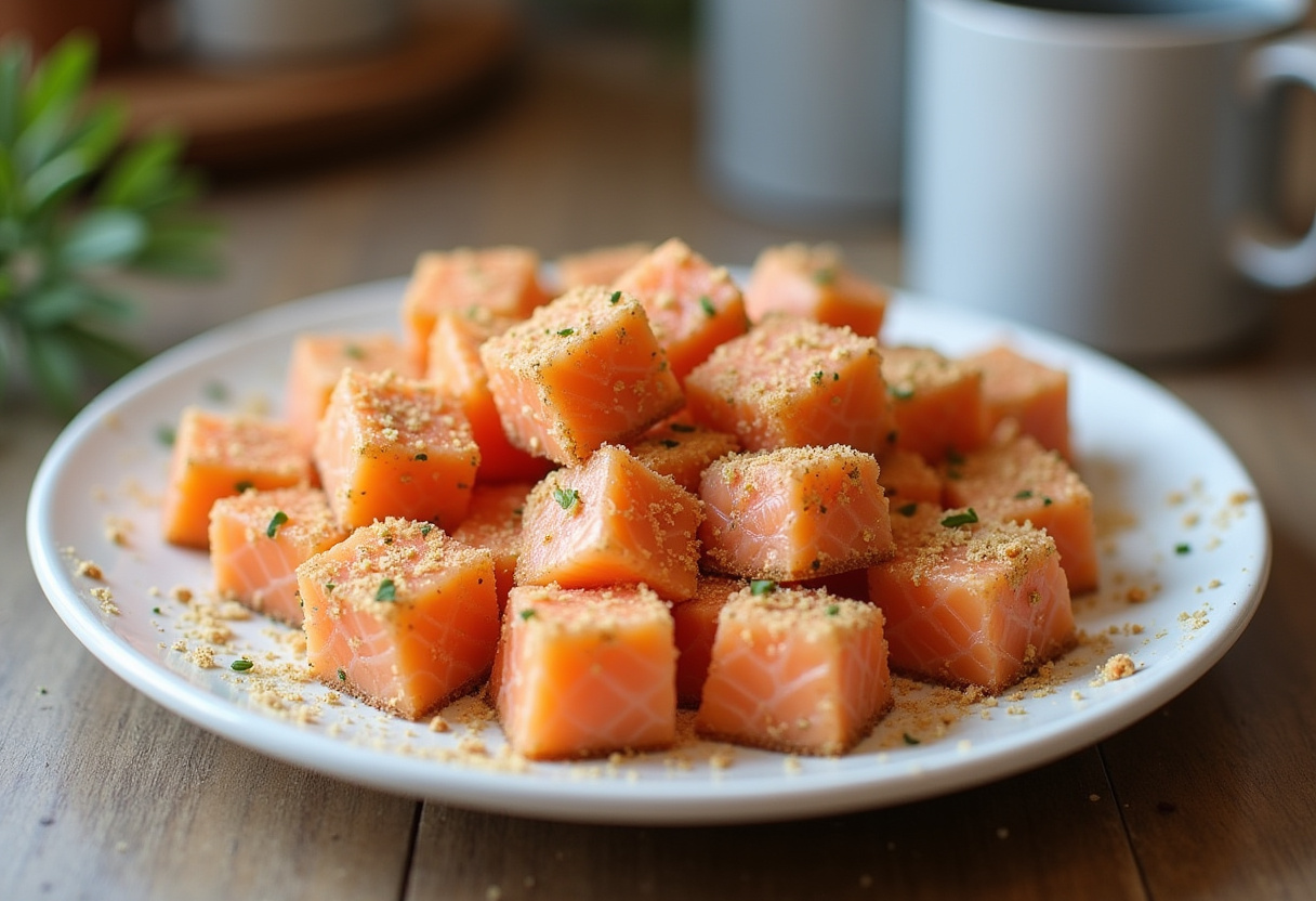 Saumon croustillant préparé enrobé de chapelure panko pour les bouchées de saumon Bang Bang.