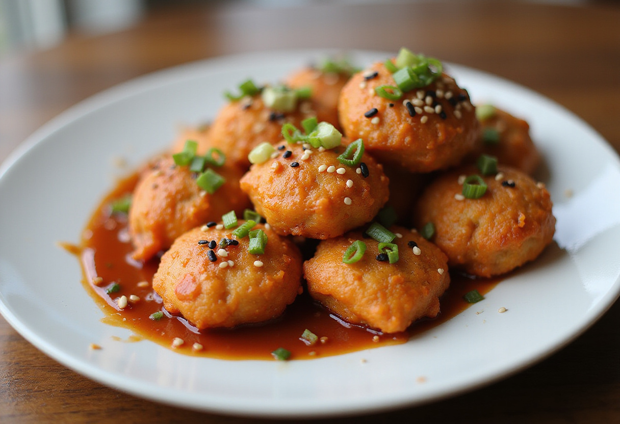 Bouchées de saumon Bang Bang croquantes avec sauce épicée sur un plateau de service.