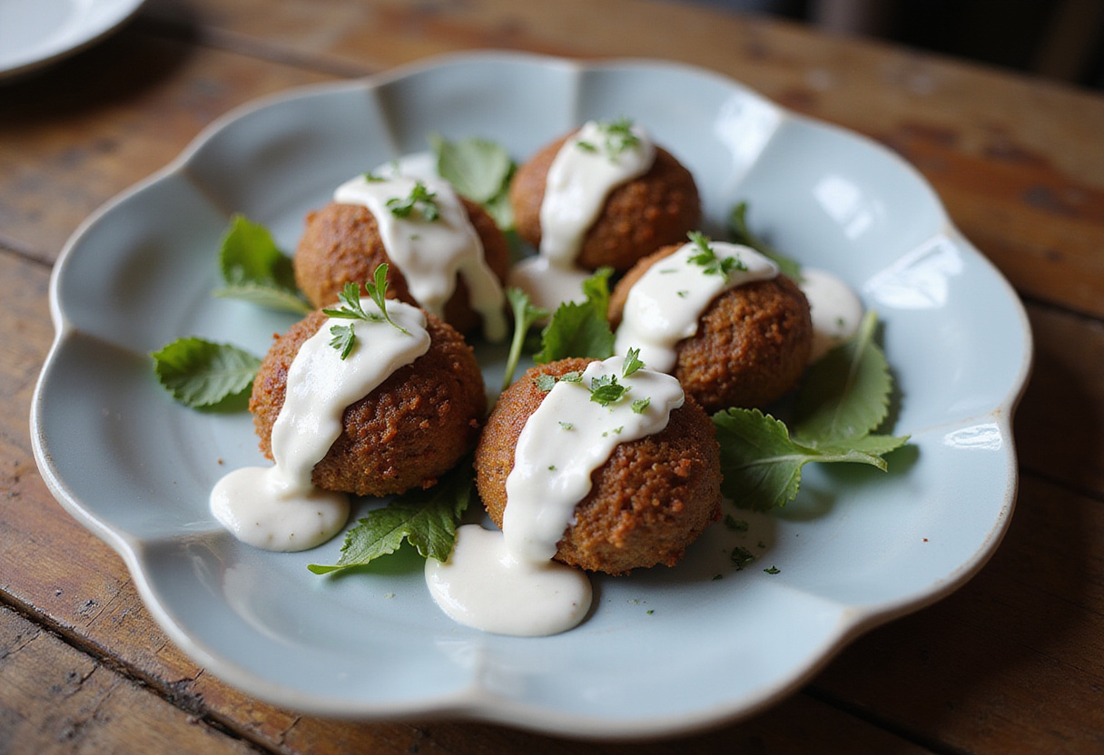 Finished boulettes de dinde grecques with tzatziki, perfect for a Greek-inspired meal.