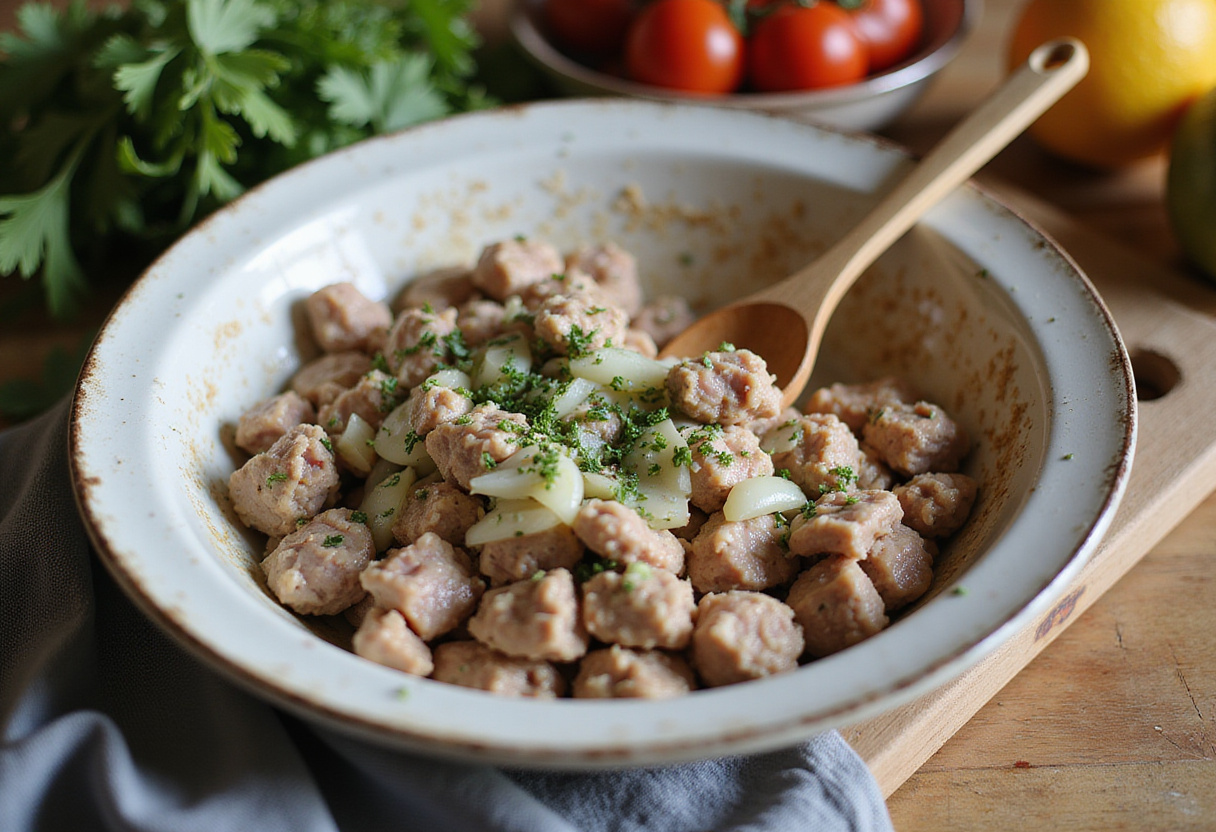 Ingredients for boulettes de dinde grecques mixed in a bowl for a delicious turkey meatball recipe.
