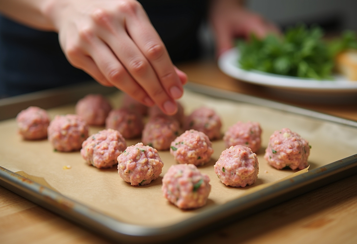 Forming boulettes de dinde grecques for the recipe preparation on a tray.