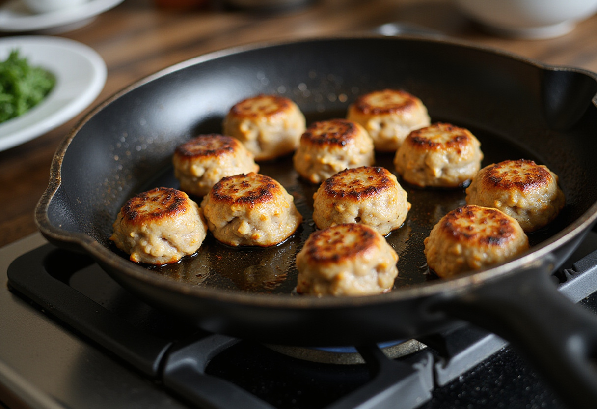Cooking boulettes de dinde grecques in a frying pan, showcasing the delicious golden color.