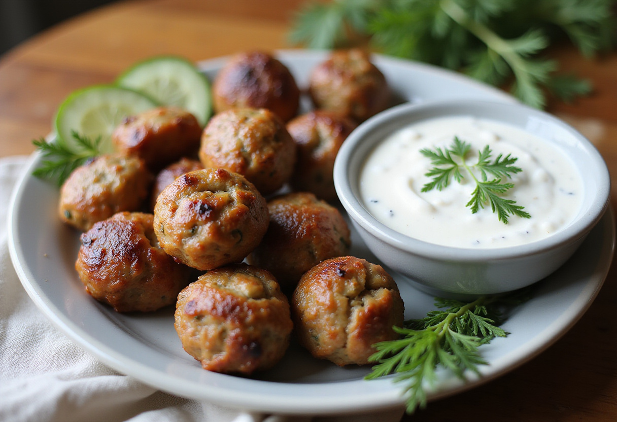 Serving tzatziki sauce with boulettes de dinde grecques, highlighting the Greek cuisine experience.