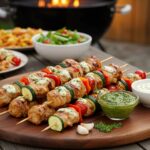 Delicious brochettes de poulet served at a summer barbecue, showcasing a colorful and tasty meal.