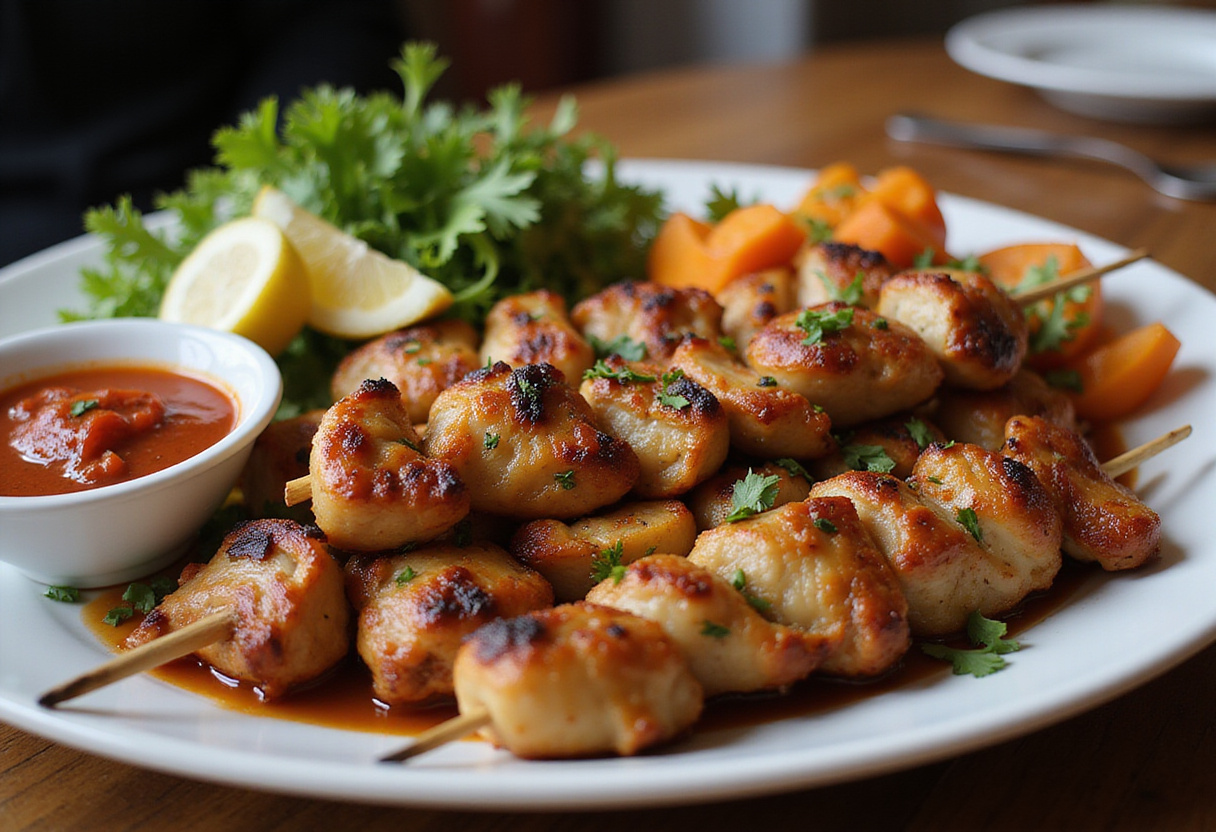 Delicious brochettes de poulet served at a summer barbecue, showcasing a colorful and tasty meal.