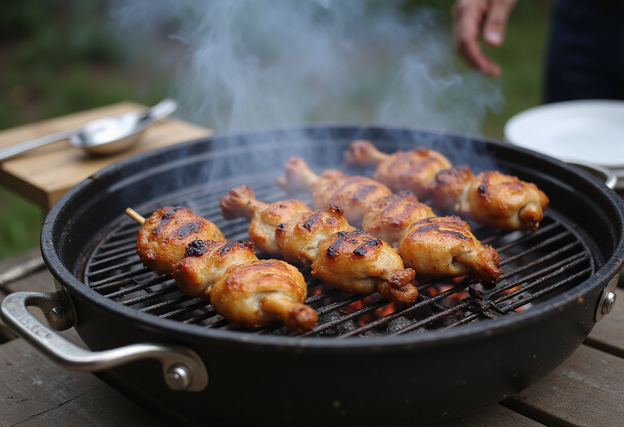 Grilling marinated chicken skewers on the barbecue for a perfect brochettes de poulet dish.