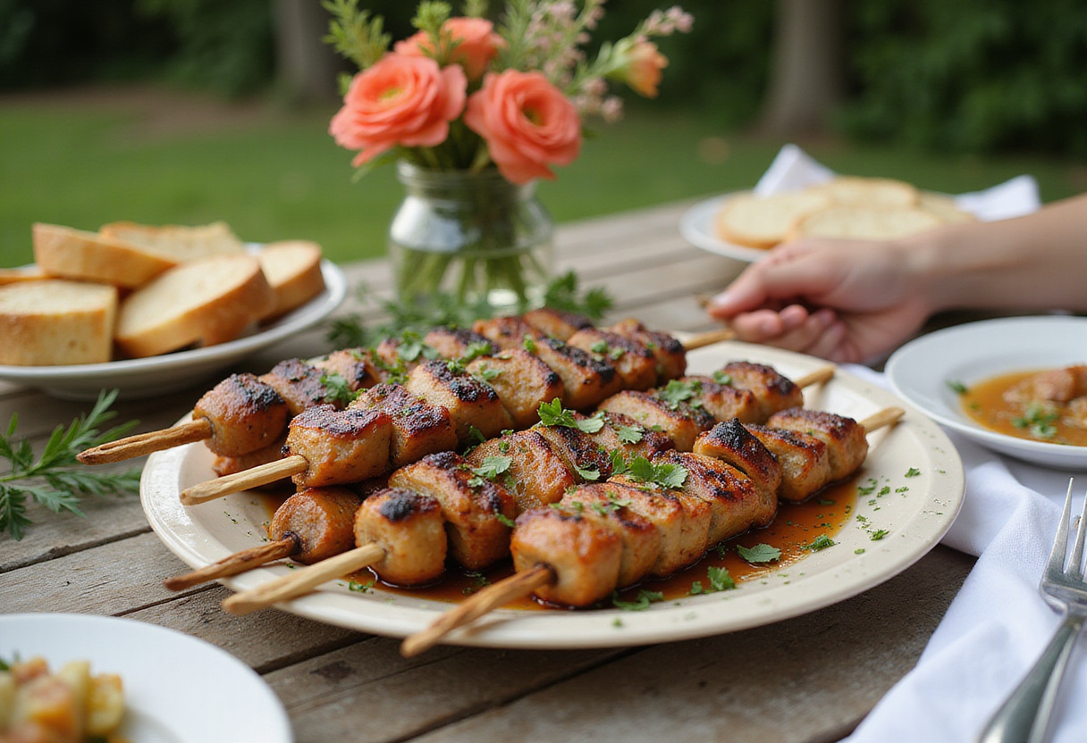 Perfectly grilled brochettes de poulet ready to serve at a summer gathering.