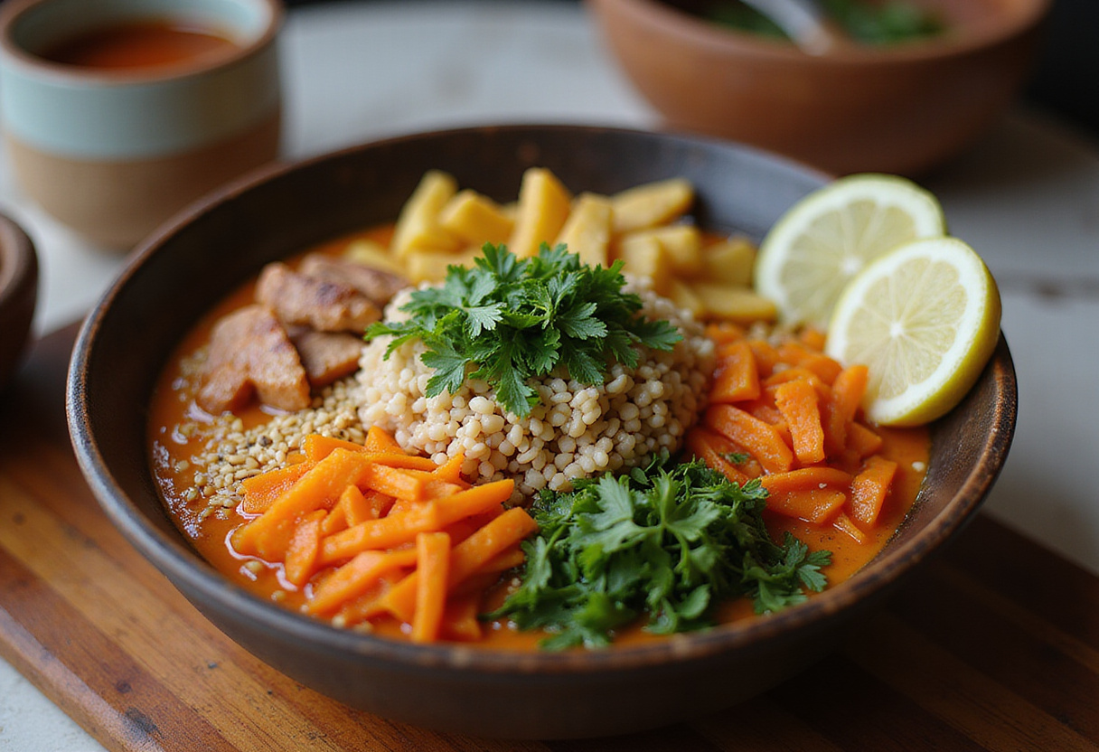 Buddha bowl de patates douces et arachides thaï, un plat sain et savoureux.