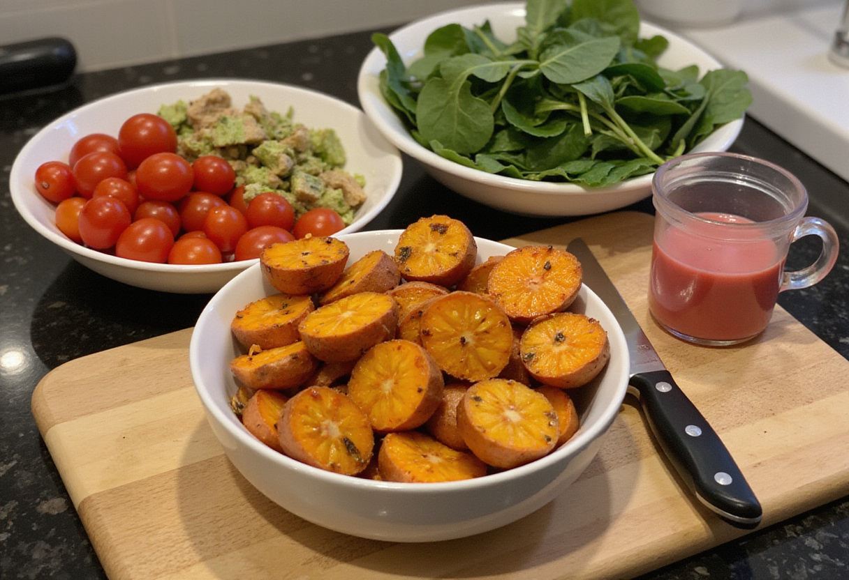 Ingrédients colorés pour un Buddha bowl de patates douces et arachides thaï sur un plan de travail.