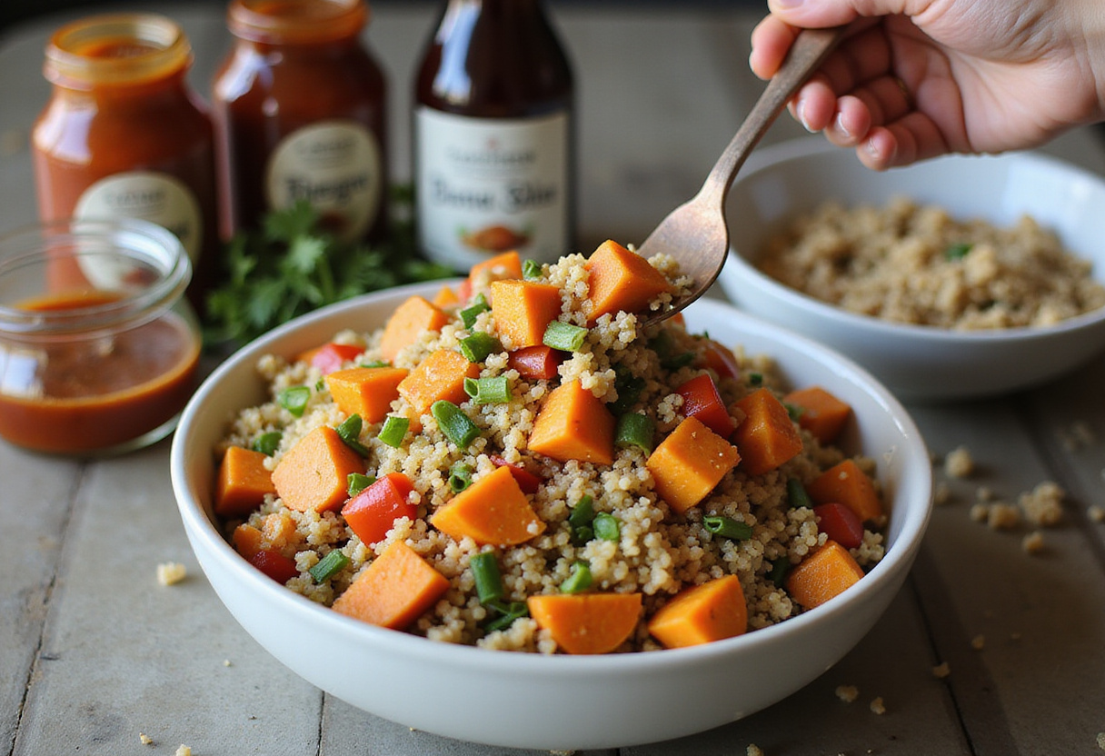 Mélange de quinoa, patates douces et légumes frais pour Buddha bowl végétarien.