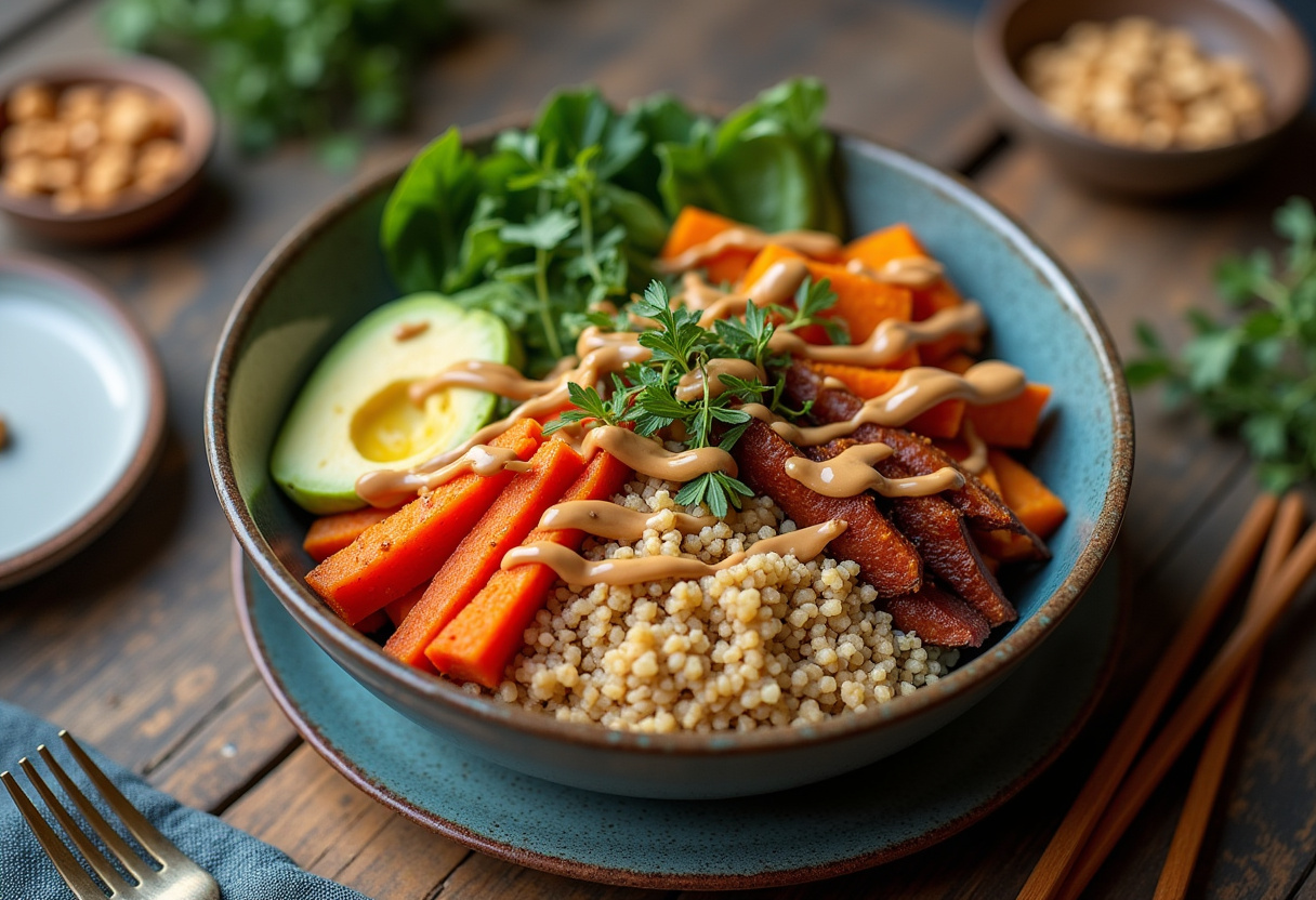 Buddha bowl fini avec patates douces et arachides thaï prêt à servir.