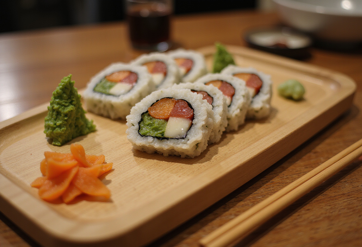 California roll fait maison tranché, prêt à être servi avec du wasabi et du gingembre mariné.